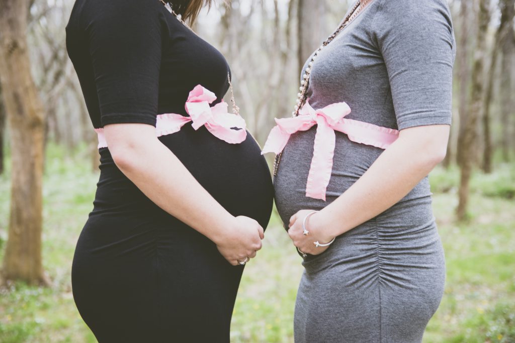 Maternity picture ideas to take with a sister or best friend: Click this post to see more than 20 maternity picture poses to share with your photographer as inspiration for your upcoming maternity picture photo session. 