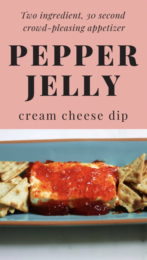 This Pepper Jelly Cream Cheese Dip requires two ingredients (pepper jelly and cream cheese) and two steps: place cream cheese and dump jelly. Delicious! This simple and sweet dip is the perfect appetizer not only for the holiday season, but year round to serve for family and friends. Serve it on a plate with Wheat Thins or Ritz Crackers, and you'll be sure to please the tastebuds of your whole crowd. 