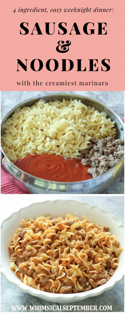 This dinner recipe combines sausage and noodles topped with the creamiest marinara sauce, making this dish incredibly easy but also insanely crowd-pleasing! Enjoy! Full recipe in this post at WhimsicalSeptember.com
