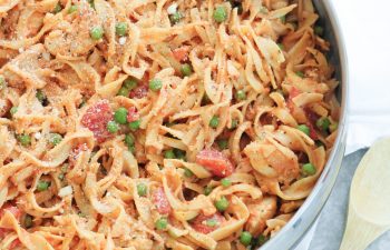 Easy, cheesy stovetop chicken and no yolks noodles - This chicken recipe tastes like comfort food without hardly any of the heavy stuff. Packed with flavor, this dish is sure to please the palates all around your table!