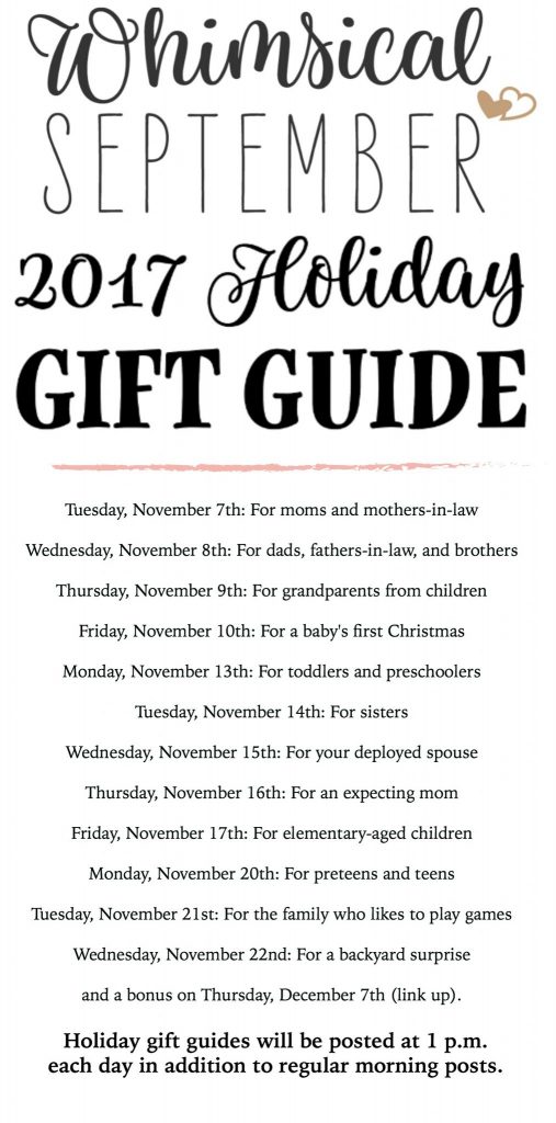 Check every afternoon from November 7th-November 22nd for a new gift guide. You’ll find creative Christmas and holiday gift ideas for him, for her, for the teenager, for kids, for parents, for mom, for dad, for sisters, for grandparents, for babies, and much more! Happy shopping!