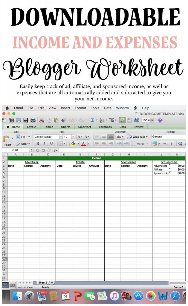 Income and expense worksheet for bloggers: This downloadable worksheet allows you to put in affiliate, advertising, and sponsorship income, and all of it adds up nicely automatically. You'll also be able to include expense information, which will automatically deduct from your income, totally your net income. 