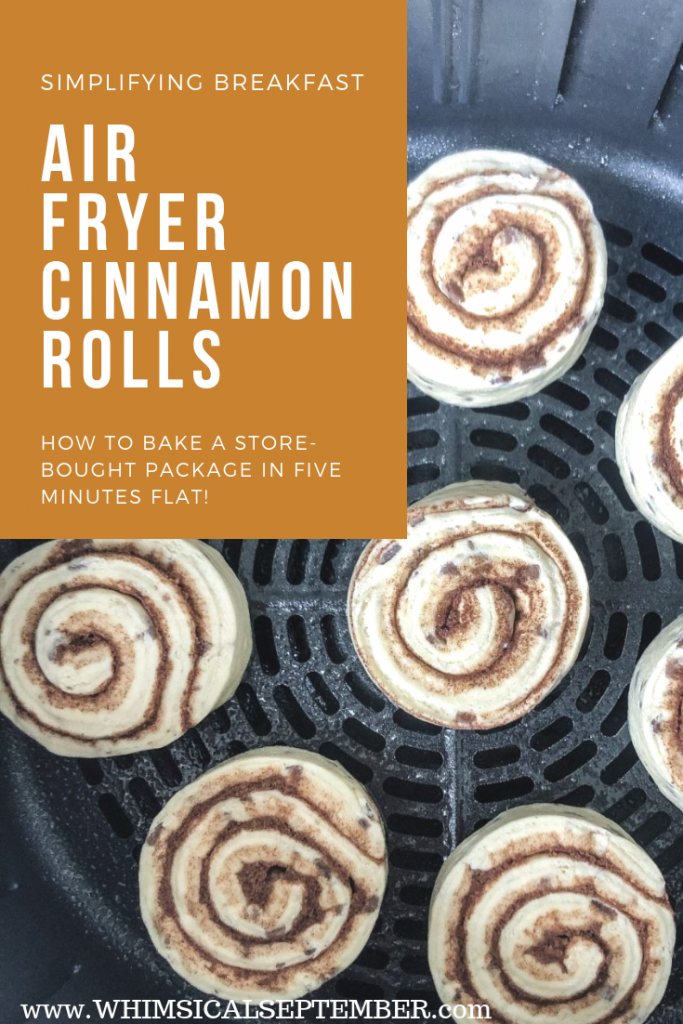 Air Fryer Cinnamon Rolls: This quick and easy breakfast recipe helps get breakfast on the table in five minutes flat! No more waiting for the oven to preheat and long cook times. Just plopped them in the air fryer, set the temperature, and get your plates ready! You'll never cook Pillsbury cinnamon rolls another way! Full details on WhimsicalSeptember.com