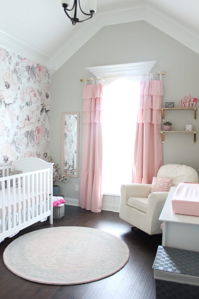 Pink and Gray Nursery Reveal: This post shares ideas, decorations, and resources for creating a baby girl's pink and gray nursery. Whether you are shooting for a rustic theme, shabby chic theme, or other theme, you're sure to find inspiration to create the look you want. You'll find curtains, wallpaper, wall decor, the crib, dresser, and more in this post. Enjoy! More on WhimsicalSeptember.com | Wallpaper from RockyMountainDecals.com