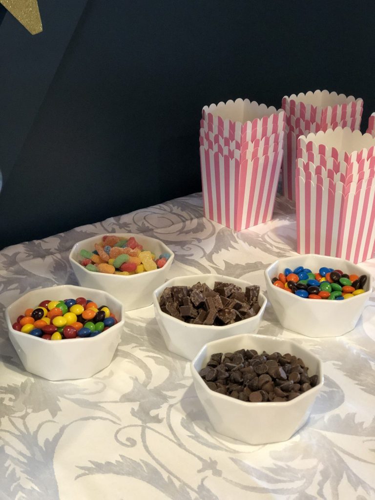 POPCORN BAR |Sleepover Birthday Party: This post shares ideas for decorations, activities, games, food, cake, snacks, and more for throwing an event that is enjoyable for boys, girls, and adults alike! More within this post on WhimsicalSeptember.com