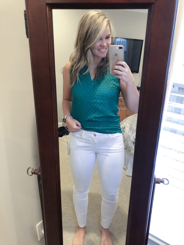 January 2020 Stitch Fix Review: In my 30th box, I received a pair of white denim pants, a pair of athletic shorts, a dress, and two tops. Here is what I kept and what I sent back. This and 30+ more Stitch Fix reviews on WhimsicalSeptember.com